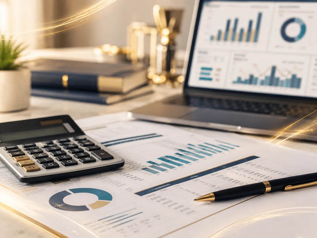 Accounting and bookkeeping workspace with financial reports, calculator and business dashboard