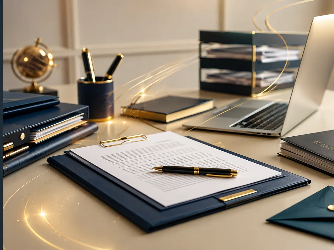 Executive administration workspace with documents, laptop, files and premium office stationery