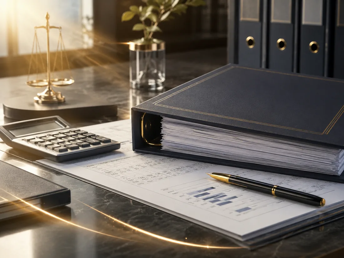 Premium tax compliance workspace with financial documents, calculator and corporate filing folders
